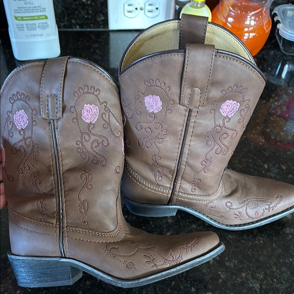 Brown Cowboy Boots with Pink Embroidery